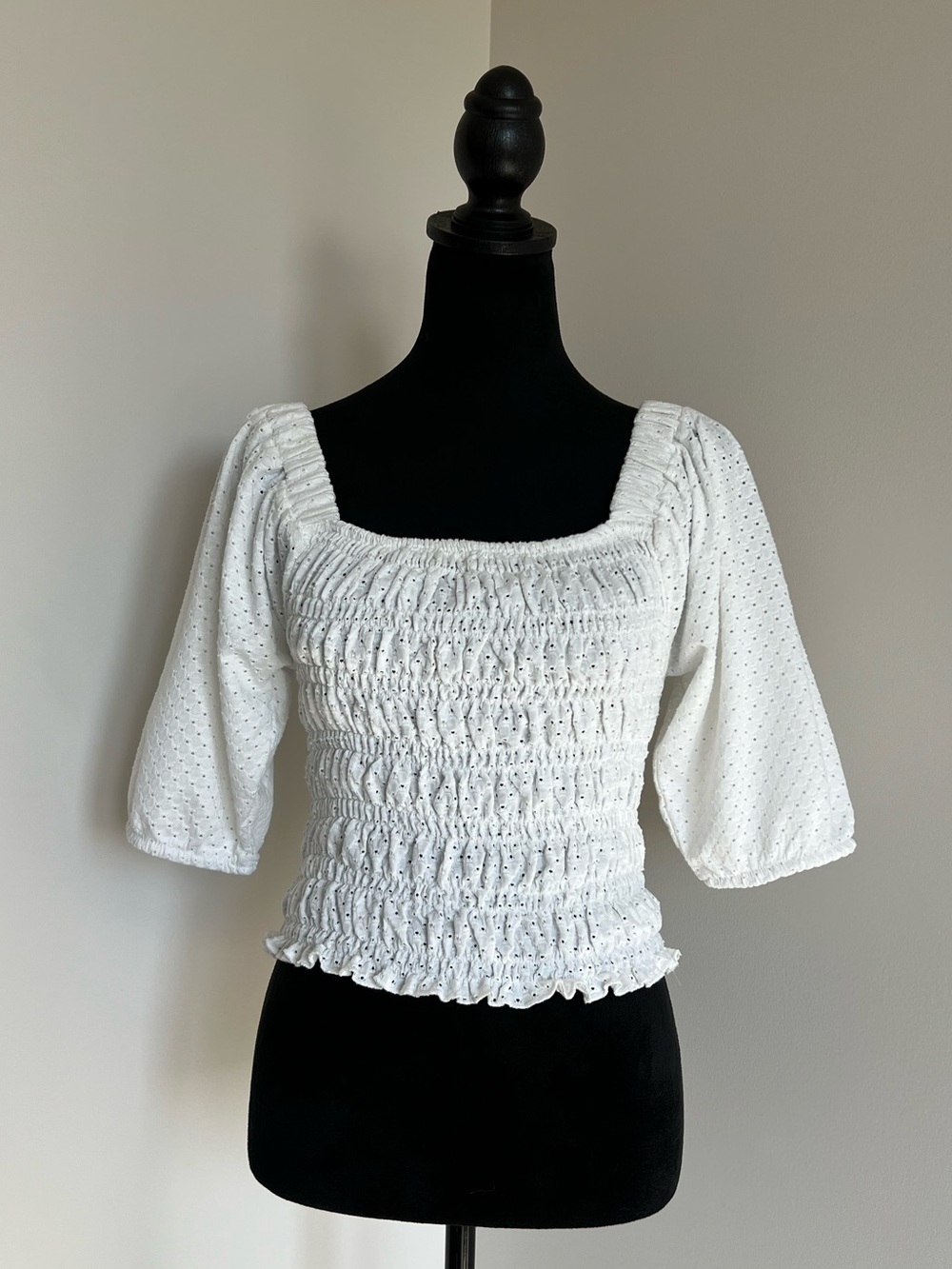BB Dakota White Smocked Square-Neck Cotton Blend Top with Eyelet Puff Sleeves